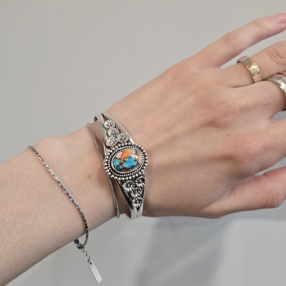Thorny Oyster Turquoise Sterling Cuff - Picture 2 of 5